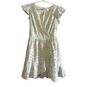 Japna Light Green Eyelet Flutter Sleeve Embroidered Ruffle Mini Dress | SZ L